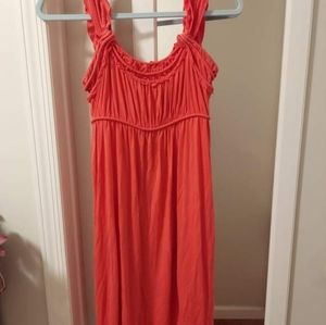 Coral ruffle sleeve ruched fit and flare dress